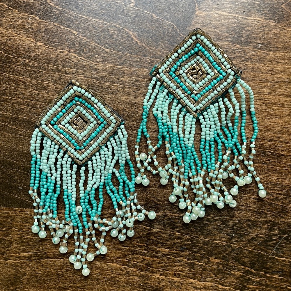 Anthropologie seed bead statement turquoise fringe post earrings BEAUTIFUL